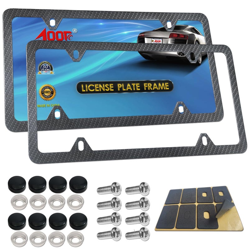 Aootf Carbon Fiber License Plate Frames -4 Holes Black Aluminum Car Tag Cover Holder Printing Carbon Fiber Pattern, Metal Slim Standard Frame with Screw Kits for USA Car - Image 1